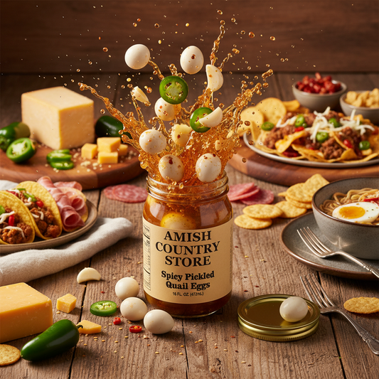 Canned Amish Country Store pickled spicy quail eggs in a jar with red chili peppers and spices visible inside.