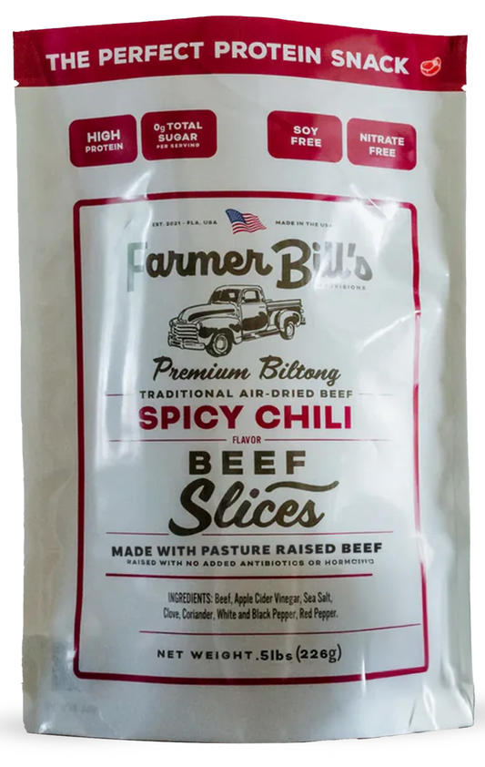 Sliced chili beef biltong from Farmer Bill's Provisions, 1/2 lb bundle, spicy, high-quality beef snack with chili seasoning