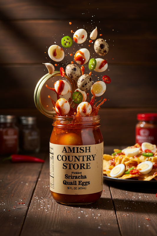 Canned Pickled Sriracha Quail Eggs from Amish Country Store, spicy and flavorful pickled eggs in a jar
