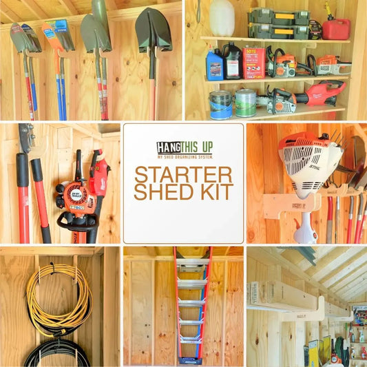 HangThis Up garden tool organizer kit mounted inside a shed, with various yard tools neatly stored on the rack and storage system.