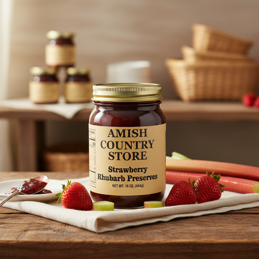 Canned strawberry rhubarb preserves from Amish Country Store in a 16 oz jar, showcasing vibrant red and green fruit mixture.