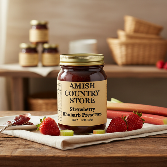 Canned strawberry rhubarb preserves from Amish Country Store in a 16 oz jar, showcasing vibrant red and green fruit mixture.
