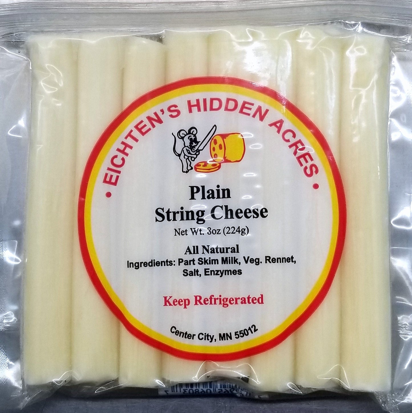 Eichtens Cheeses plain string cheese in an 8 oz package, showing smooth, white cheese sticks ready to eat.