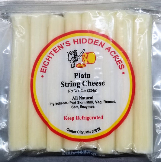 Eichtens Cheeses plain string cheese in an 8 oz package, showing smooth, white cheese sticks ready to eat.