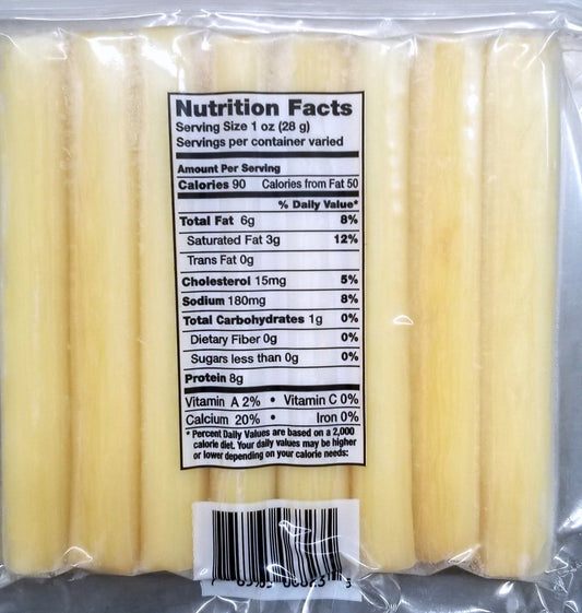 Eichtens Cheeses plain string cheese in an 8 oz package, showing soft, white cheese sticks ready to eat.