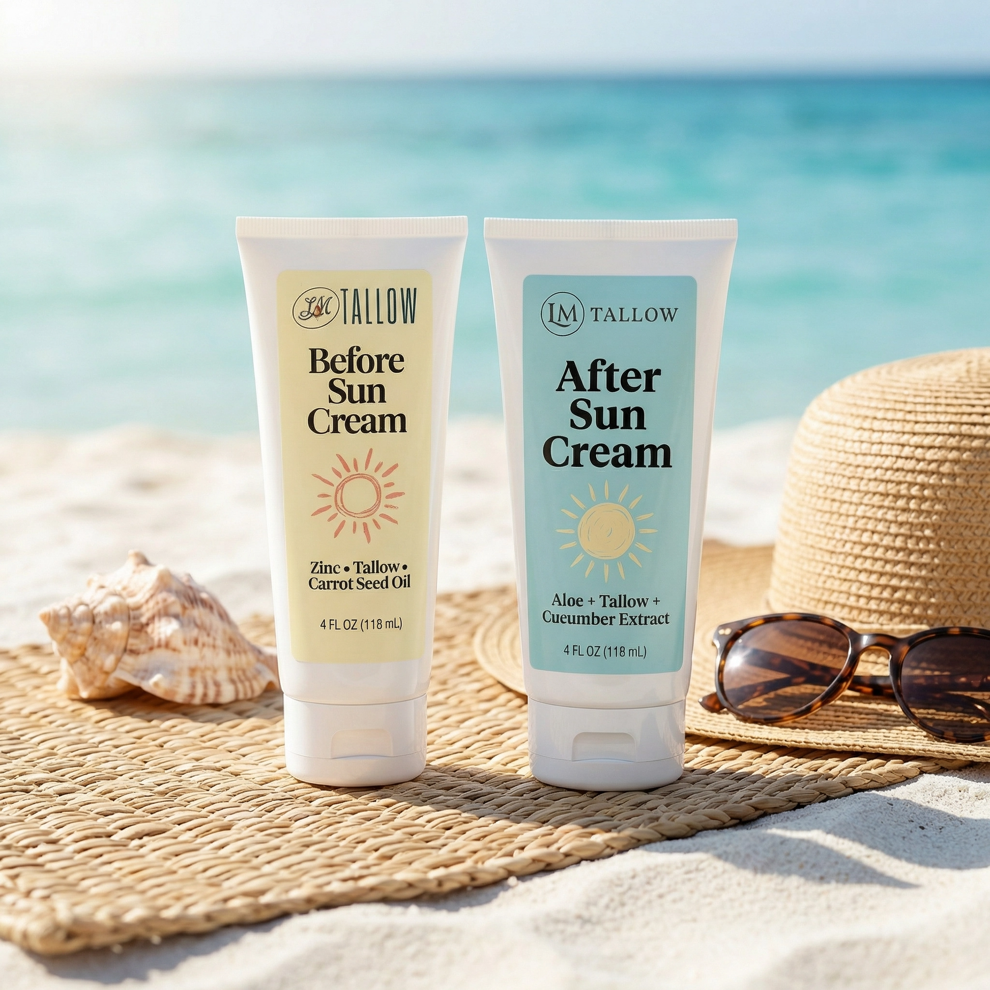 Lady May Tallow Sun Care Duo with before and after sun creams, featuring nourishing body lotion for sun protection and skin recovery.