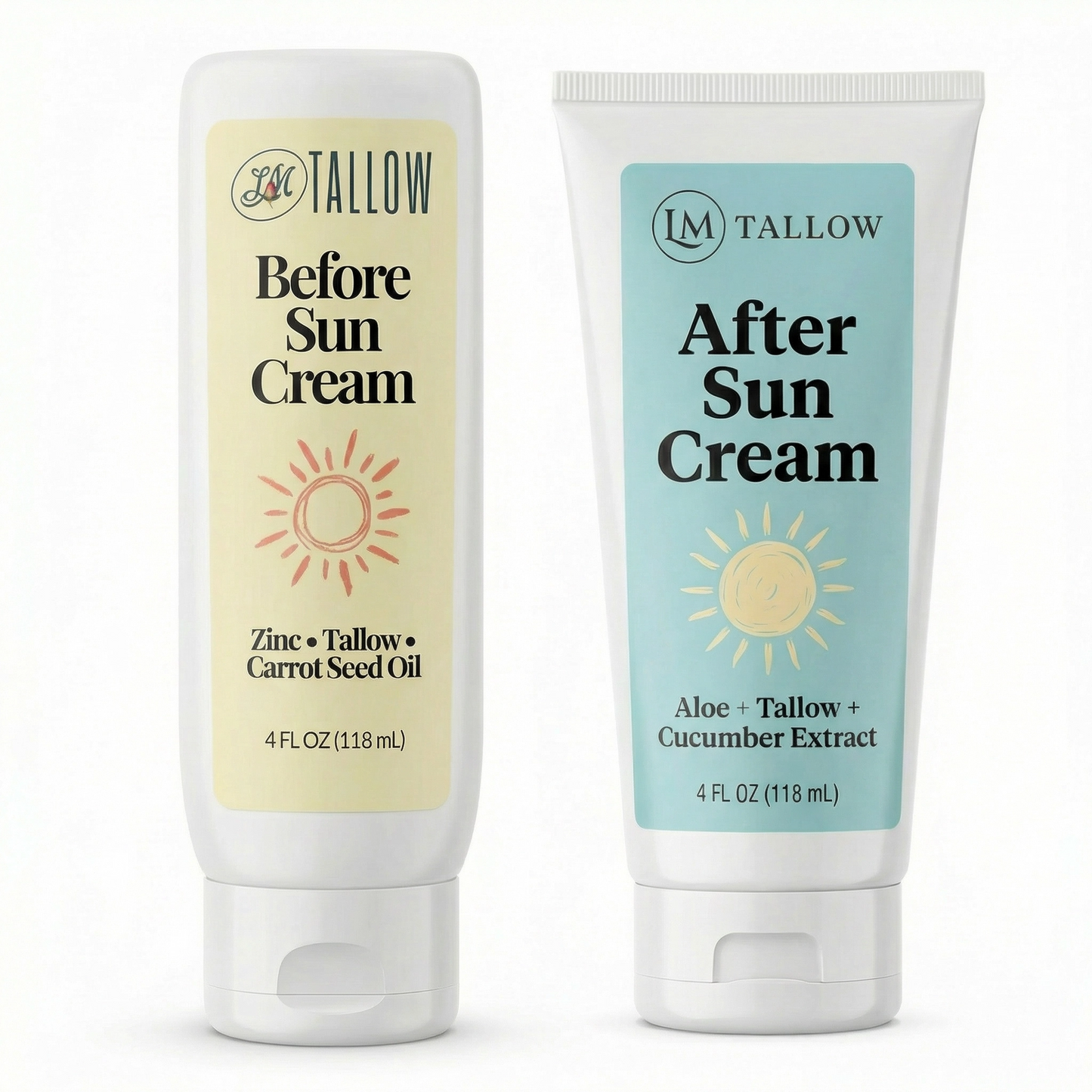 Lady May Tallow Sun Care Duo with before and after sun creams, featuring white packaging and creamy lotion textures.