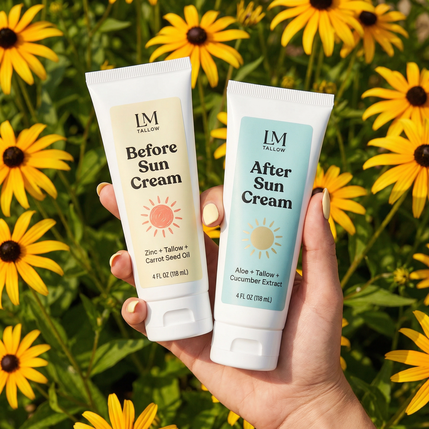 Lady May Tallow sun care duo with before and after sun creams in a body lotion form, featuring wildflower packaging.