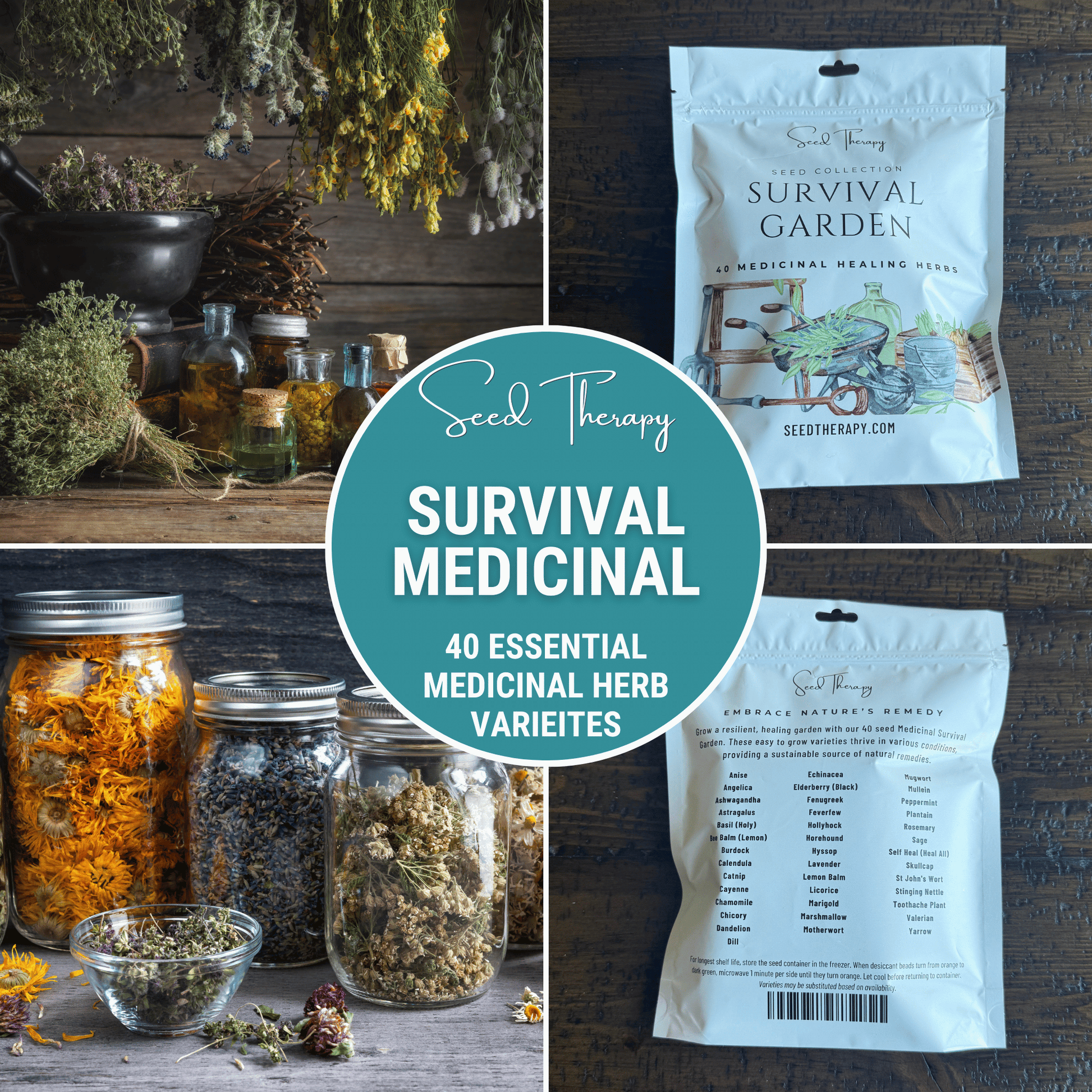Packet of Southern Seeds Survival Medicinal Herb Garden seeds featuring 40 varieties of essential herbs and vegetables for home gardening.