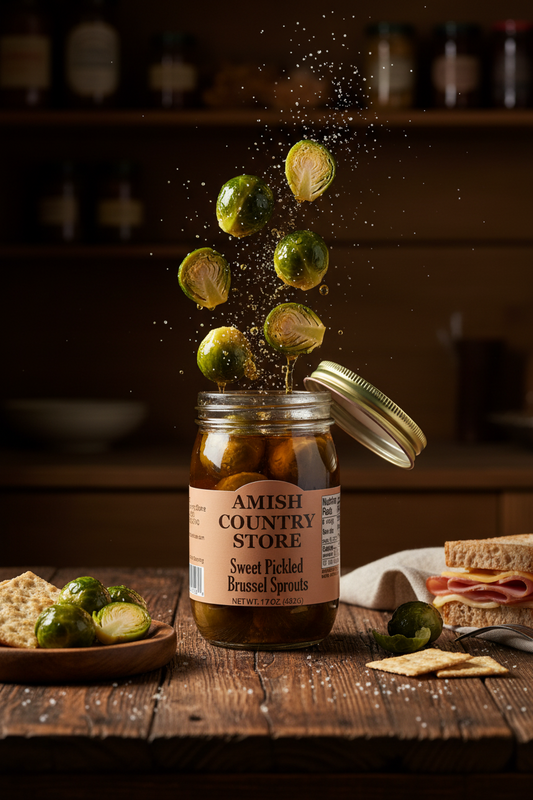 Canned sweet pickled Brussels sprouts in a jar, from Amish Country Store, showcasing the preserved vegetables ready for serving.