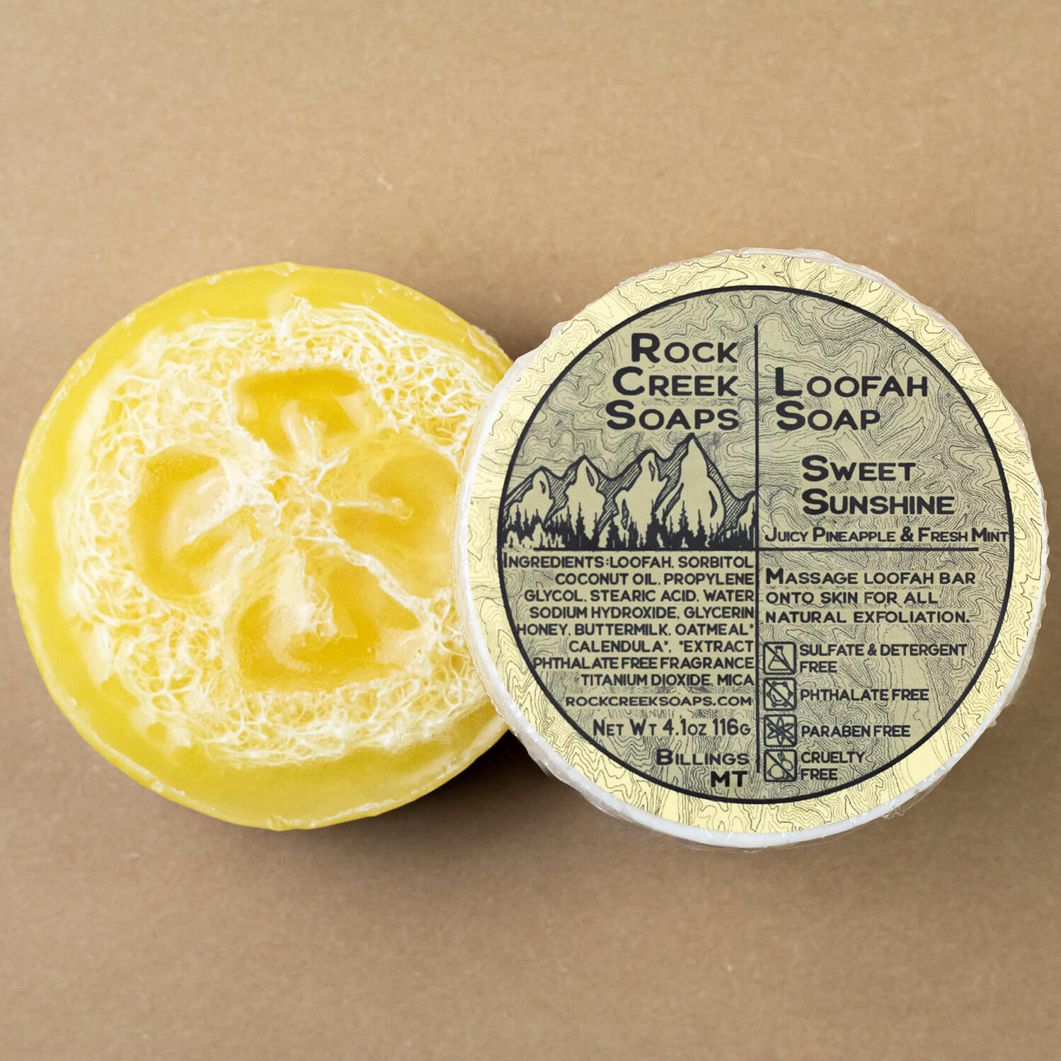 Rock Creek Soaps Sweet Sunshine loofah soap with a natural loofah sponge and bright yellow soap bar for gentle exfoliation.
