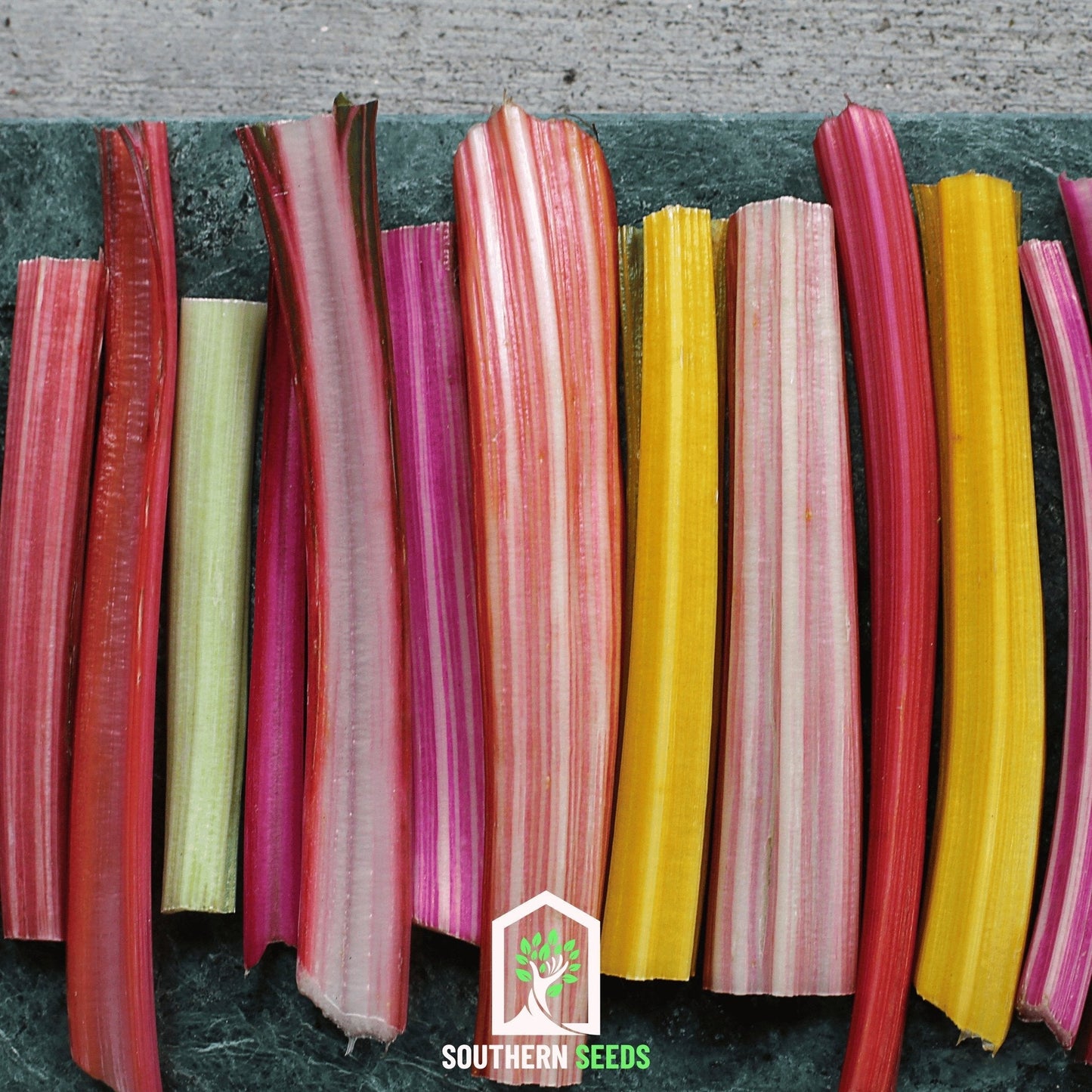Rainbow Swiss Chard seeds by Southern Seeds, showing vibrant leaf varieties and colorful stems in a seed packet.