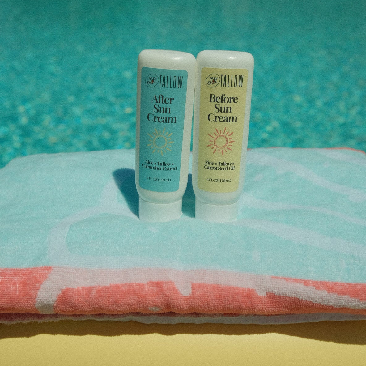Lady May Tallow Sun Care Duo with before and after sun creams in a white tub, showcasing the body lotion for sun protection and after sun.