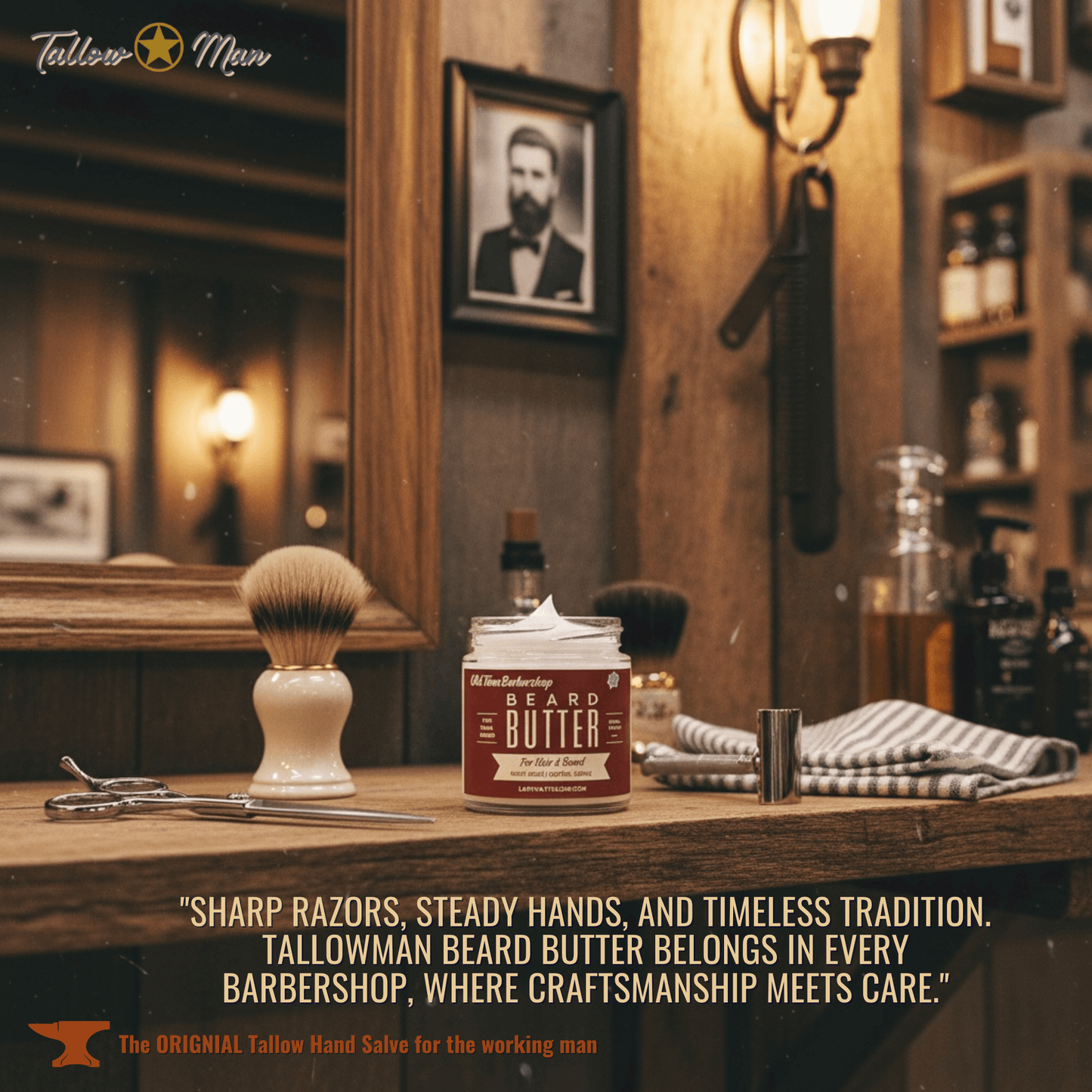 Lady May Tallow Old Time Barbershop natural tallow beard and body butter set featuring grooming products and leather conditioner.