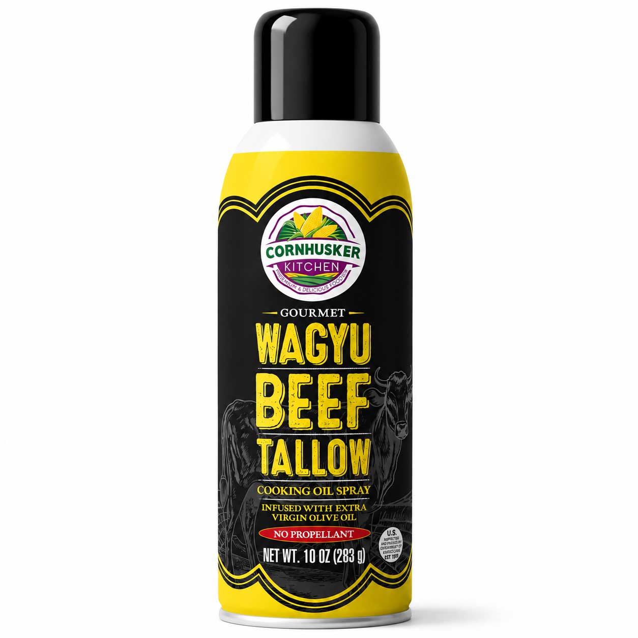 Wagyu beef tallow cooking oil spray in 10 oz spray bottle, natural food product from Cornhusker Kitchen, ideal for cooking and frying.