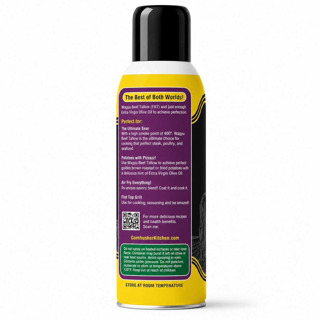 Wagyu beef tallow cooking oil spray in a 10 oz bottle, natural food product from Cornhusker Kitchen, ideal for flavorful cooking.