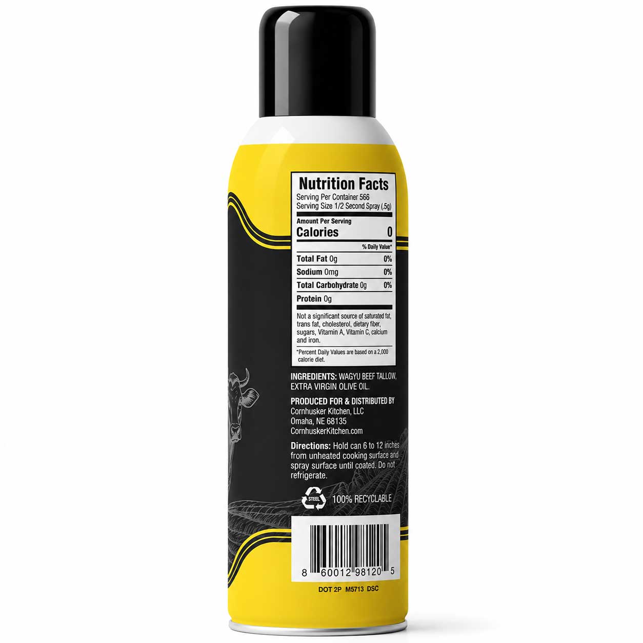 Wagyu beef tallow cooking oil spray from Cornhusker Kitchen, 10 oz bottle, showing the spray nozzle and product label.
