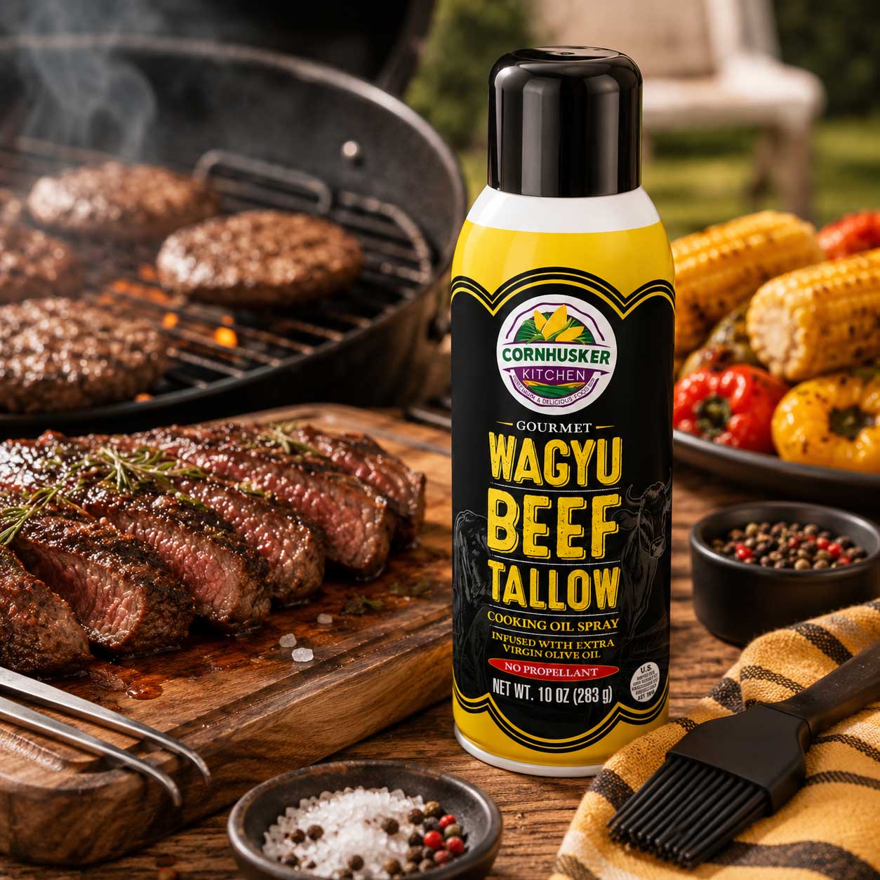 BuyNebraska.com Wagyu Beef Tallow cooking oil spray in 10 oz bottle, showcasing the spray nozzle and beef tallow content.