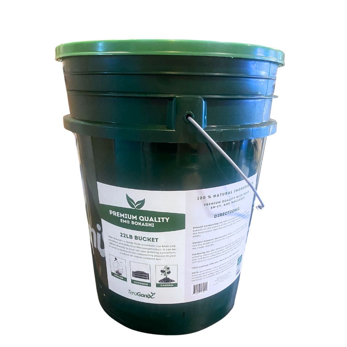 A large green bucket with a handle, labeled TeraGanix EM Premium Bokashi Compost Starter, containing directions and details for composting and enhancing soil health.