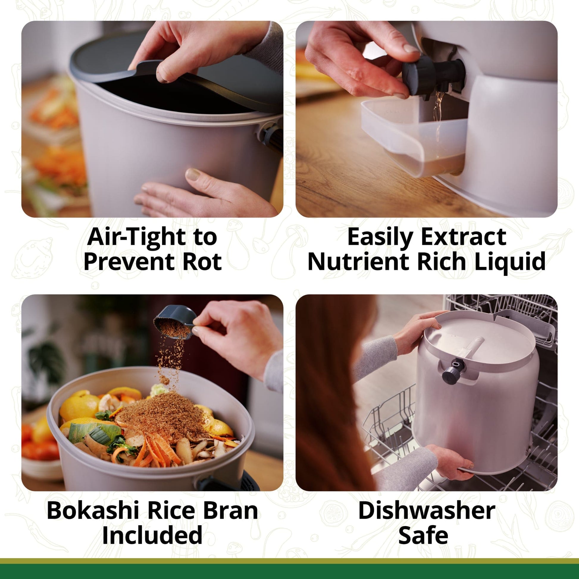 Four images show the TeraGanix Essential Bokashi Compost Bin Starter Kit, 4.4 gal: placing its airtight lid, extracting liquid from the spout, sprinkling EM® bokashi starter on food scraps, and loading the bin into a dishwasher. Text notes indoor composting features.