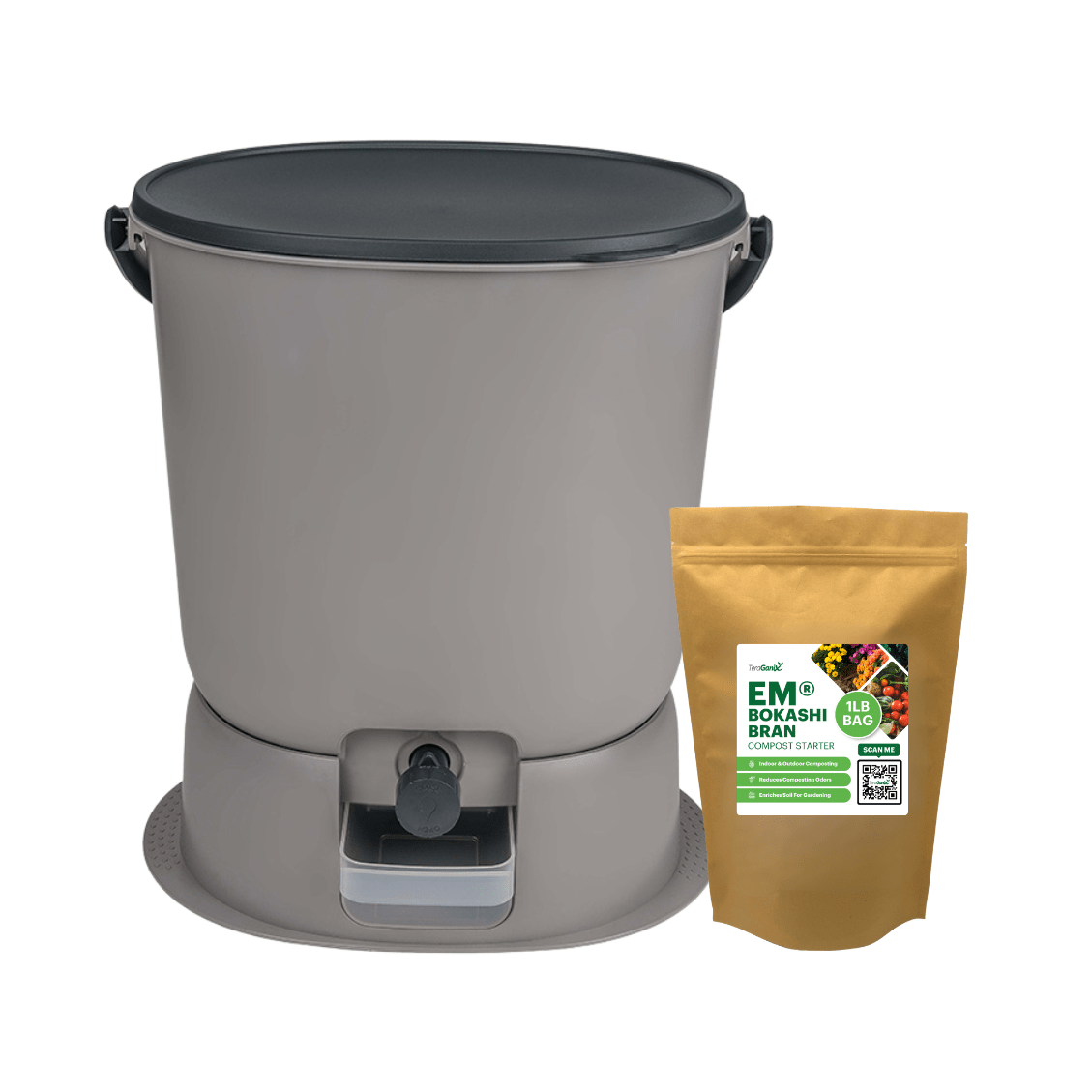 A gray TeraGanix Essential Bokashi Compost Bin Starter Kit (4.4 gal) sits next to a brown bag labeled EM® Bokashi Bran, making indoor composting easy with the EM® bokashi starter for efficient organic waste processing.