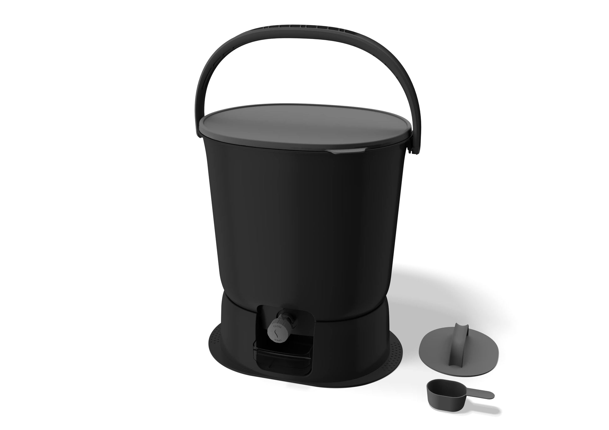 The TeraGanix Essential Bokashi Compost Bin Starter Kit (4.4 gal) features a black bin with handle, bottom spigot, and lid. Includes scoop and tool for easy indoor composting, all shown against a white background.