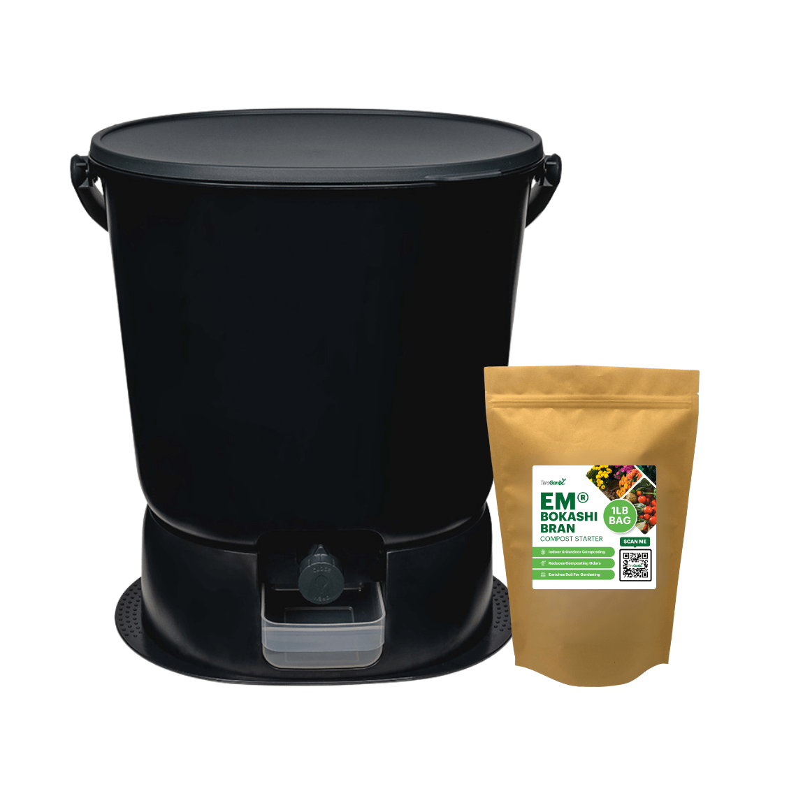 A TeraGanix Essential Bokashi Compost Bin Starter Kit (4.4 gal) with lid and spigot is shown next to a brown resealable EM® bokashi compost starter bag, ideal for indoor composting and recycling kitchen waste.