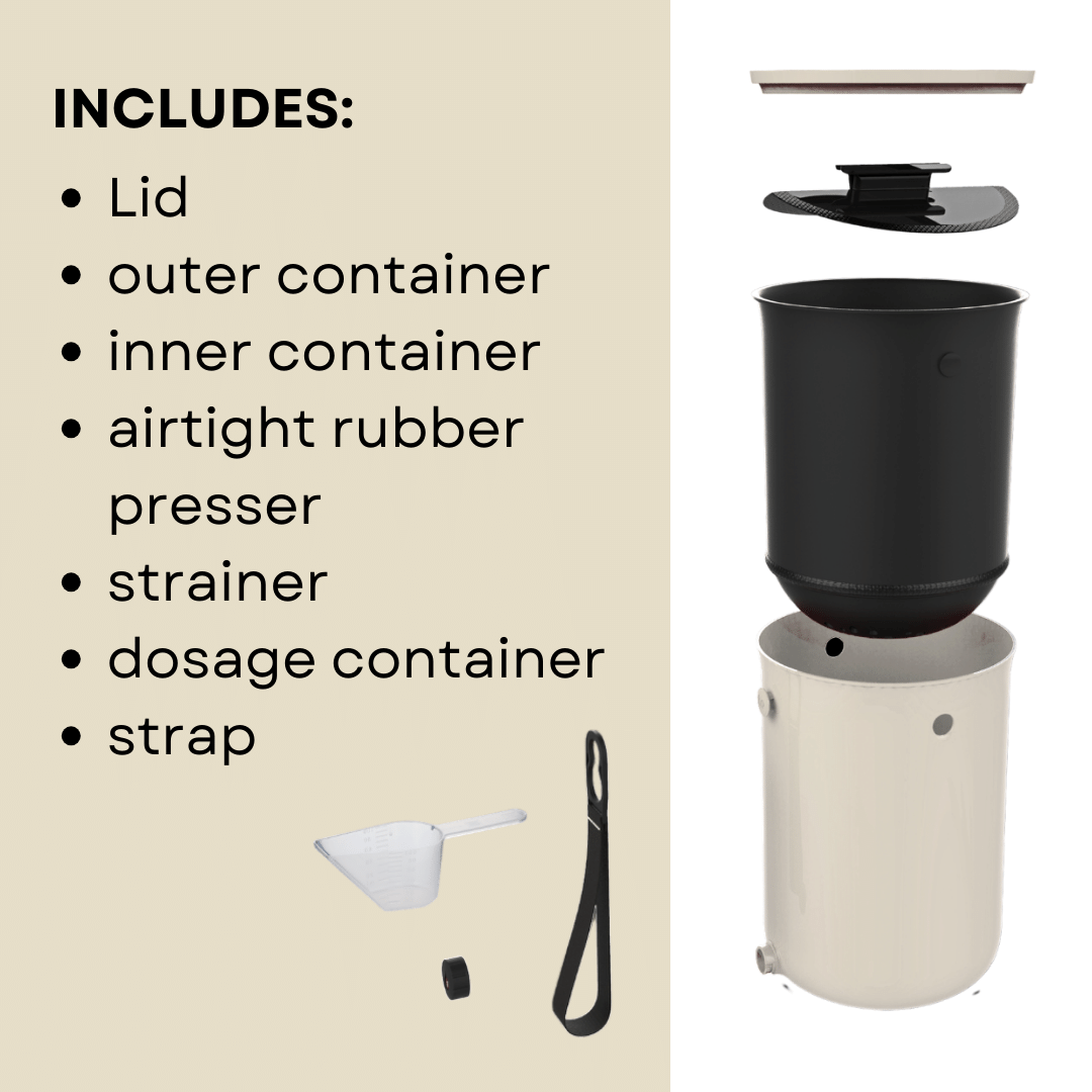 The TeraGanix Bokashi Kitchen Compost Bin (2.5 gal) includes lid, outer/inner containers, airtight rubber, presser, strainer, dosage container, and strap—see the full parts list on the left and images of each part on the right.