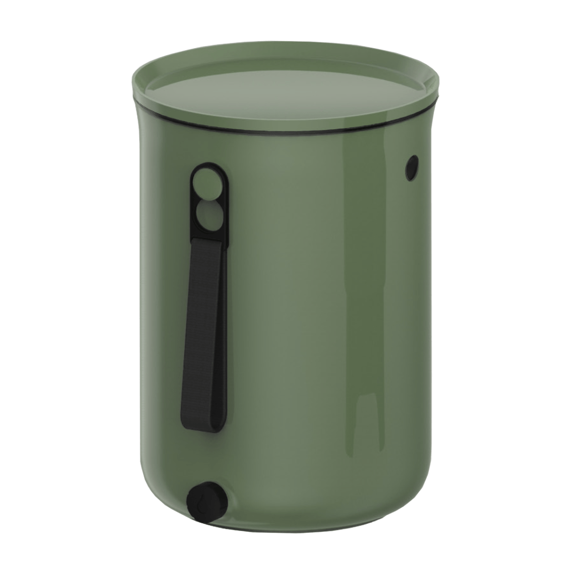 The TeraGanix Bokashi Kitchen Compost Bin, 2.5 gal, is a green cylindrical bin with a fitted lid, side black handle, and small black knob near the base—ideal for Bokashi composting—shown on a white background.