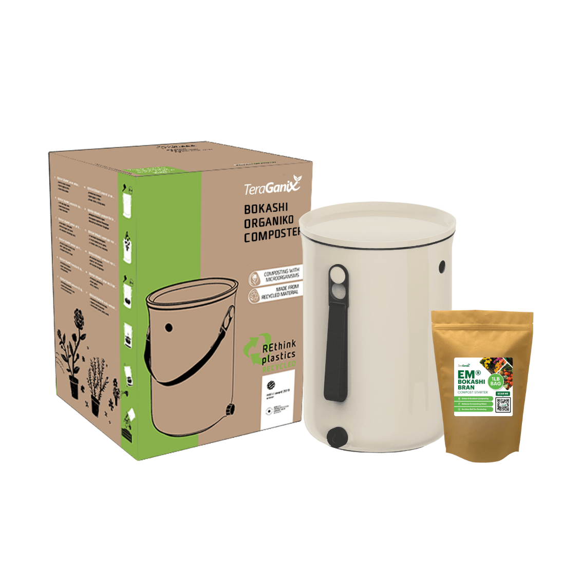 The TeraGanix Bokashi Kitchen Compost Bin, 2.5 gal, includes a beige bin with handle and lid, a brown packet of EM® Bokashi bran, and comes in a branded cardboard box with illustrations.