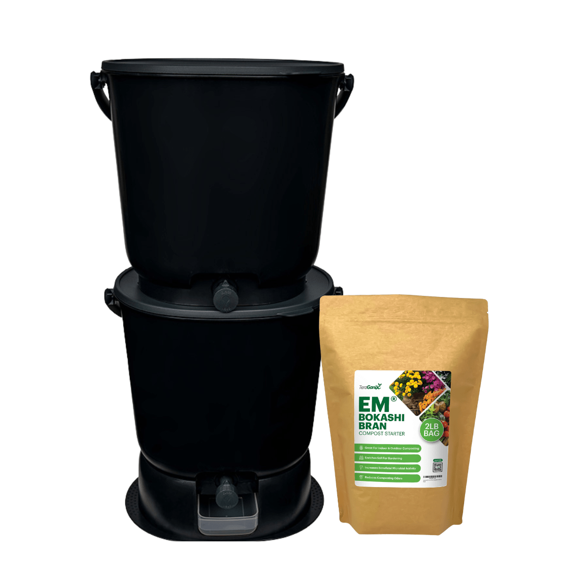 Two black TeraGanix Essential Bokashi Compost Bin Starter Kits (4.4 gal) are stacked, each with a spigot. Next to them is a brown EM® bokashi compost starter bag—everything needed for easy indoor composting.