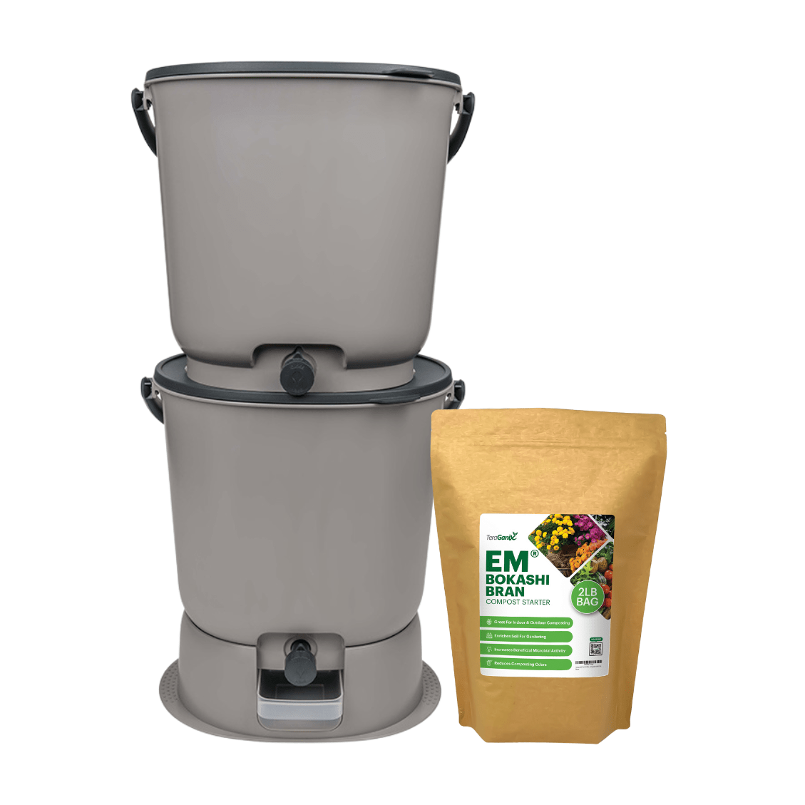 Two TeraGanix Essential Bokashi Compost Bin Starter Kits (4.4 gal) are stacked together, each featuring a spigot, beside a brown bag of EM® bokashi compost starter—ideal for easy indoor composting.