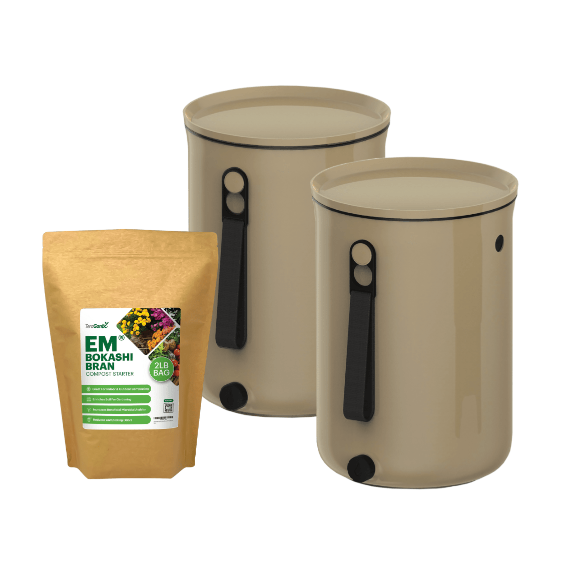 Two TeraGanix Bokashi Kitchen Compost Bins, 2.5 gal, sit next to a brown EM® Bokashi Bran Compost Starter bag—perfect for easy home Bokashi composting.