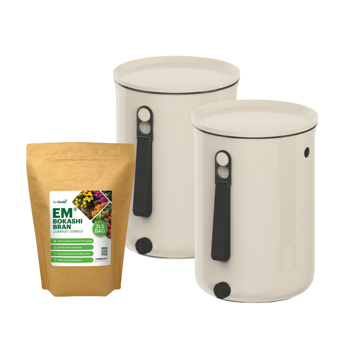Two TeraGanix Bokashi Kitchen Compost Bins, 2.5 gal each, with black handles and a brown EM® Bokashi Bran Compost Starter bag, ideal for efficient at-home Bokashi composting.