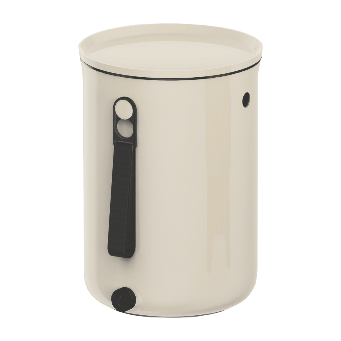 The TeraGanix Bokashi Kitchen Compost Bin, 2.5 gal, is a cream-colored cylindrical bin with a flat lid, black vertical side handle, and small round black accent near the base—ideal for Bokashi composting.
