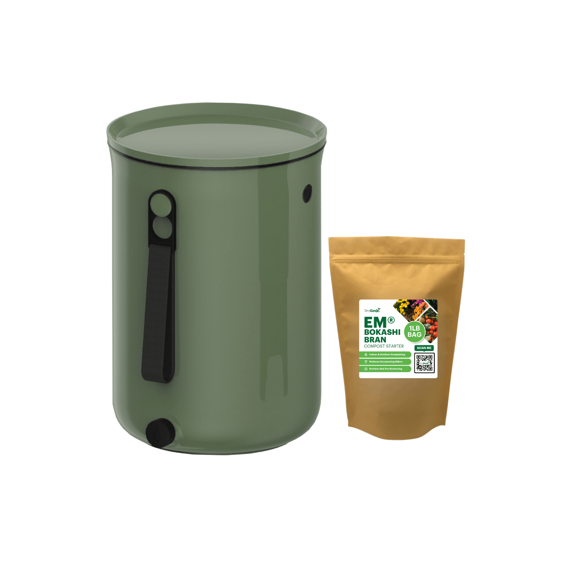 A TeraGanix Bokashi Kitchen Compost Bin, 2.5 gal, with a black handle and spout is placed beside an EM® Bokashi Bran Breakdown Starter pouch. Both items are displayed on a white background, ideal for Bokashi composting.