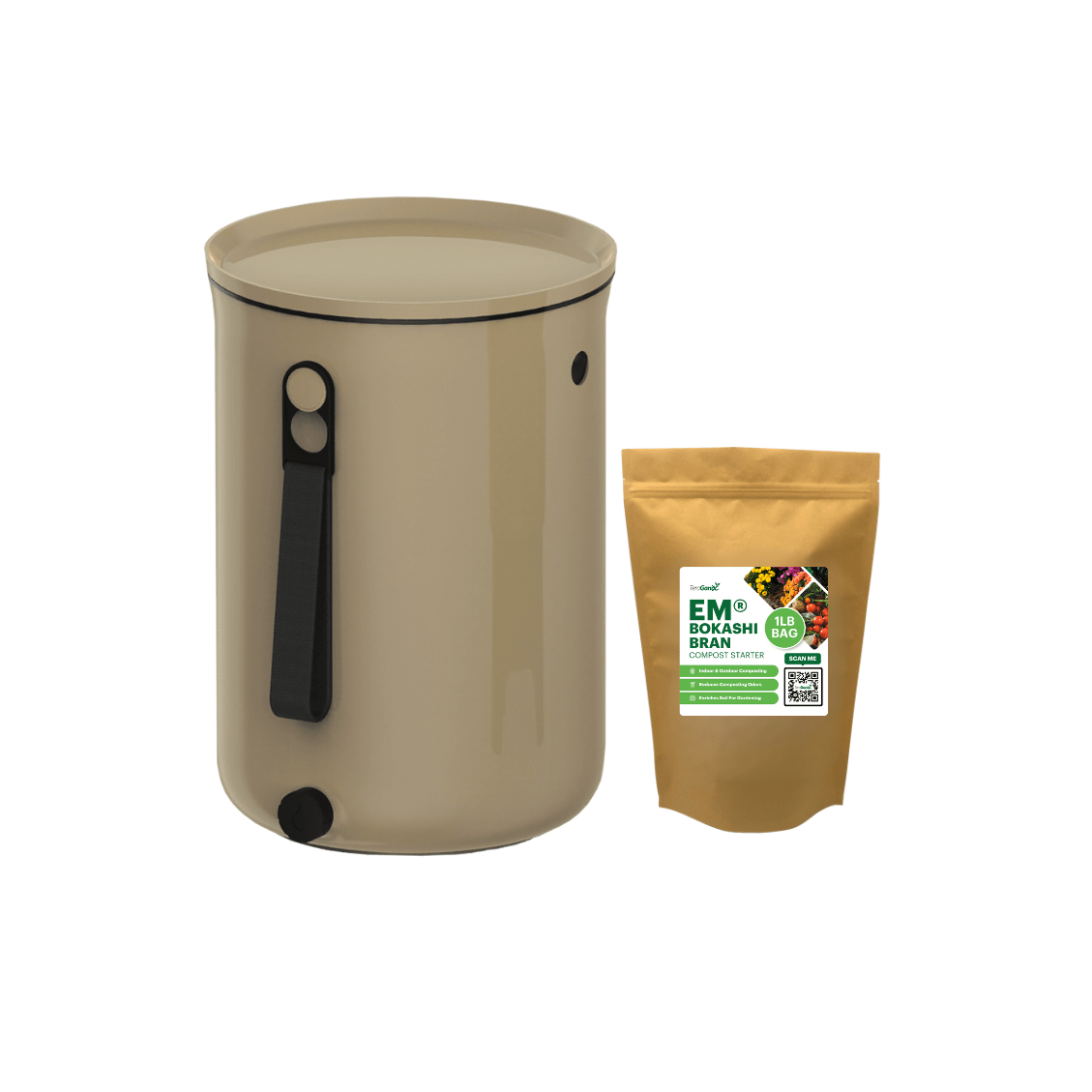 A beige TeraGanix Bokashi Kitchen Compost Bin, 2.5 gal, with black handle and spout sits next to a brown EM® Bokashi Bran pouch with green and white text—ideal for easy Bokashi composting at home.
