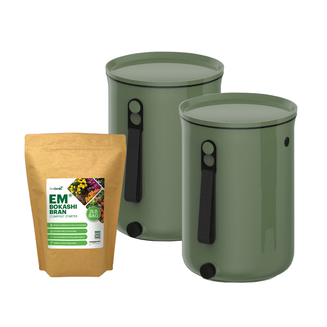 Two green TeraGanix Bokashi Kitchen Compost Bins (2.5 gal) with lids and spigots are shown beside a brown EM® Bokashi Bran Compost Starter bag—an ideal setup for turning food scraps into nutrient-rich compost.