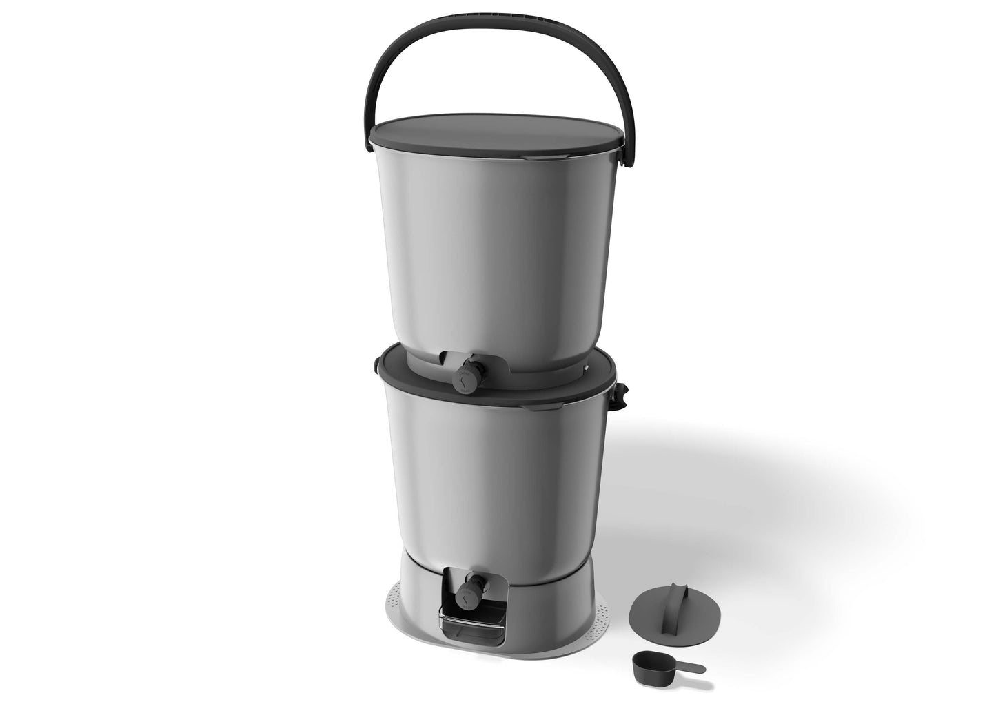 The Essential Bokashi Compost Bin Starter Kit, 4.4 gal by TeraGanix features two gray bins with spigots, a top handle, scoop, and round lid—perfect for efficient indoor composting using this two-tiered system.