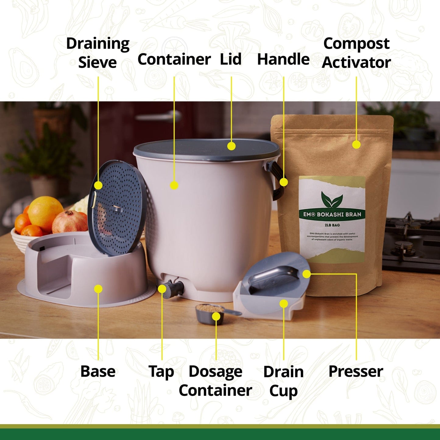 A labeled diagram of the TeraGanix Essential Bokashi Compost Bin Starter Kit, 4.4 gal, showing bucket, lid, handle, sieve, base, tap, dosing container, drain cup, presser & EM® bokashi starter—ideal for indoor kitchen composting.