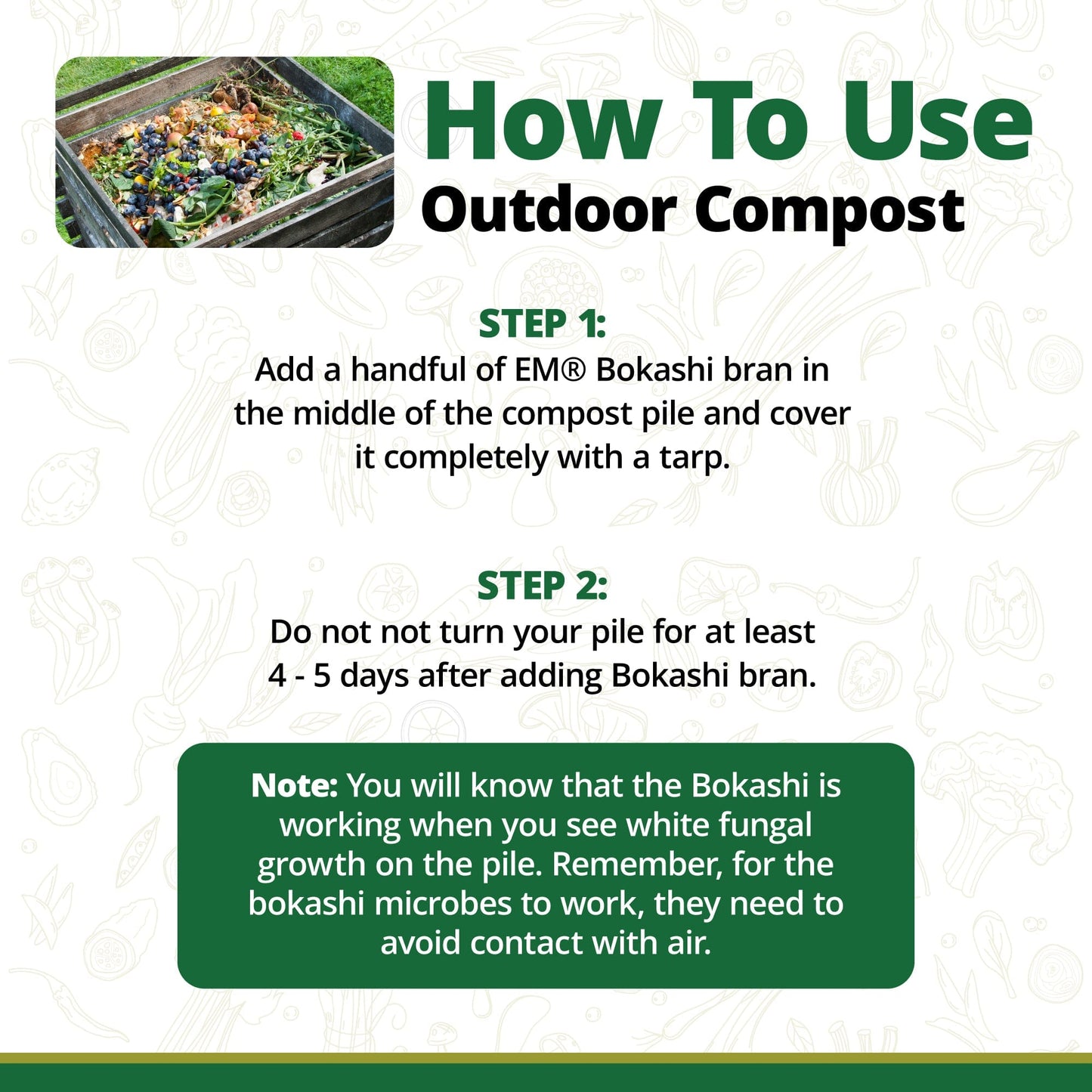 An instructional graphic shows how to use outdoor compost with TeraGanix EM Premium Bokashi Compost Starter. It features two steps, a note, and a photo of a bin with food scraps and Bokashi bran to improve soil health.
