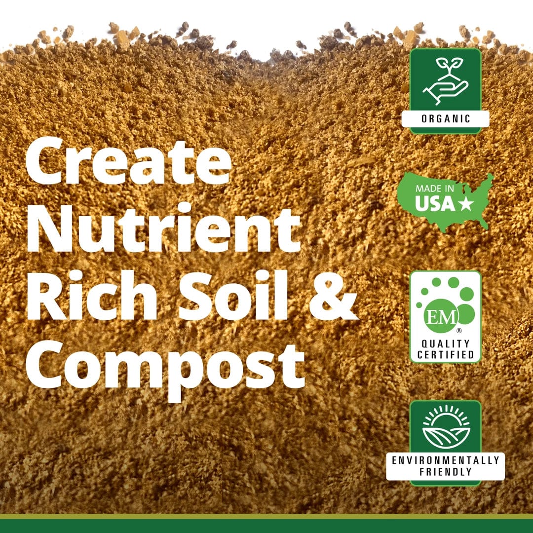 A pile of rich brown soil with text reading Create Nutrient Rich Soil & Compost, featuring TeraGanix EM Premium Bokashi Compost Starter and icons for organic, made in USA, quality certified, and environmentally friendly.