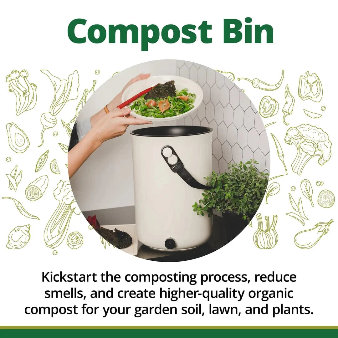 A person empties veggie scraps into a white compost bin on the kitchen counter, surrounded by green plants, with text promoting TeraGanix EM Premium Bokashi Compost Starter for better soil, lush lawns, and thriving houseplants.