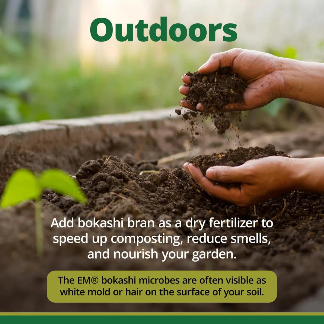 Hands sprinkle TeraGanix EM Premium Bokashi Compost Starter onto garden soil near seedlings. Text explains this product boosts composting, reduces odor, and may show up as white mold on soil—signs of improved soil health.