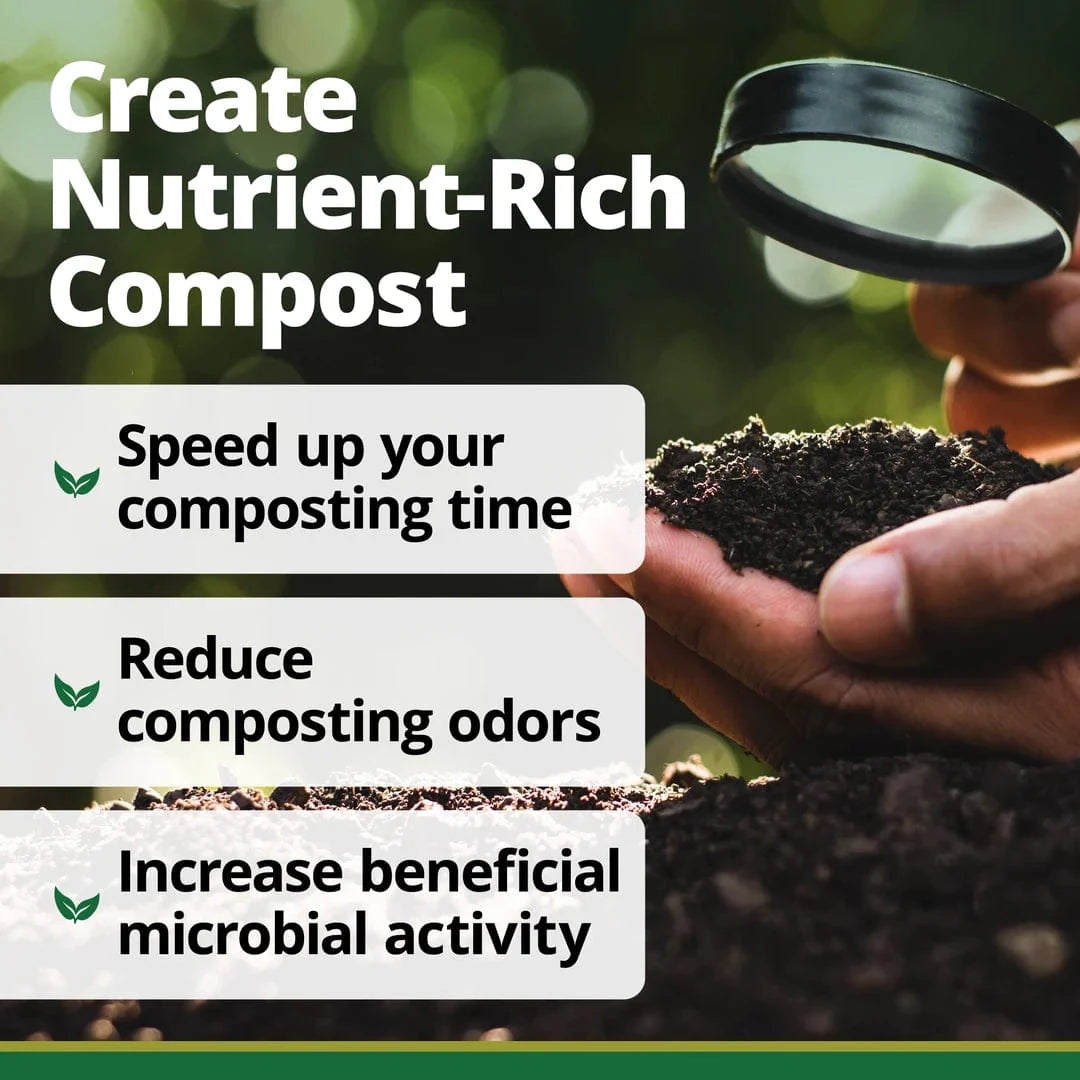 A person examines rich compost with a magnifying glass. Text highlights TeraGanix EM Premium Bokashi Compost Starter for faster composting, less odor, and healthier soil thanks to increased beneficial microbial activity.