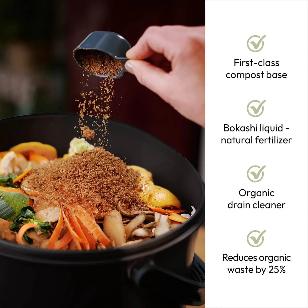 A hand sprinkles TeraGanix EM Premium Bokashi Compost Starter over food scraps in a compost bin, promoting soil health. Benefits: First-class compost base, Bokashi liquid fertilizer, organic drain cleaner, and 25% waste reduction.