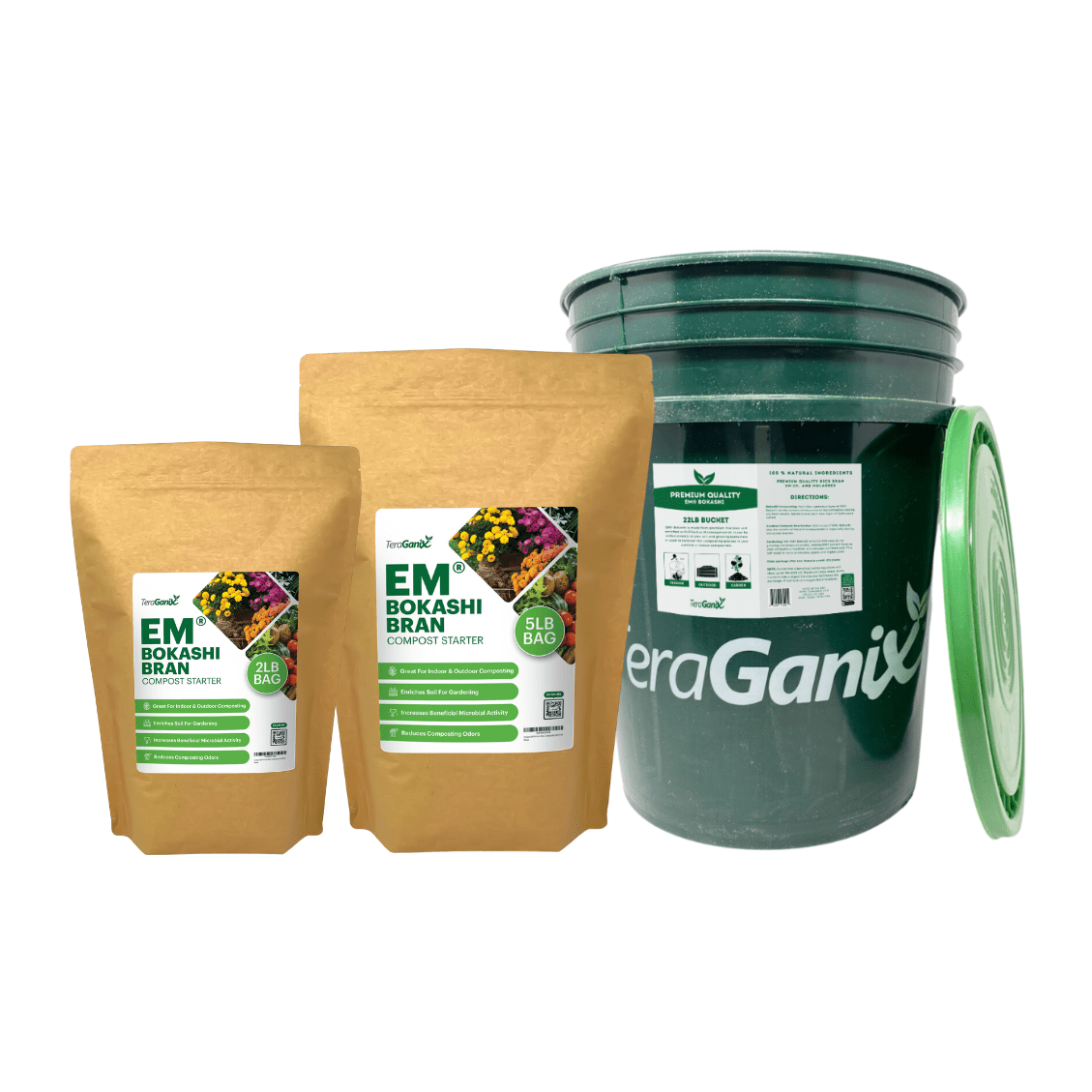 Three bags of TeraGanix EM Premium Bokashi Compost Starter in assorted sizes and a green plastic composting bucket with lid, displayed on a white background—ideal for easy composting and boosting soil health.