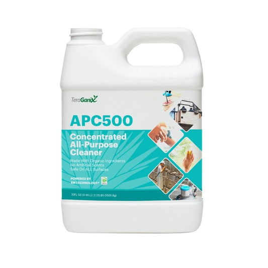 A white gallon container of TeraGanix APC500 Nontoxic All-purpose Cleaning product with a teal label, showing surface cleaning images and benefits like USDA certified organic ingredients and safe for all surfaces.