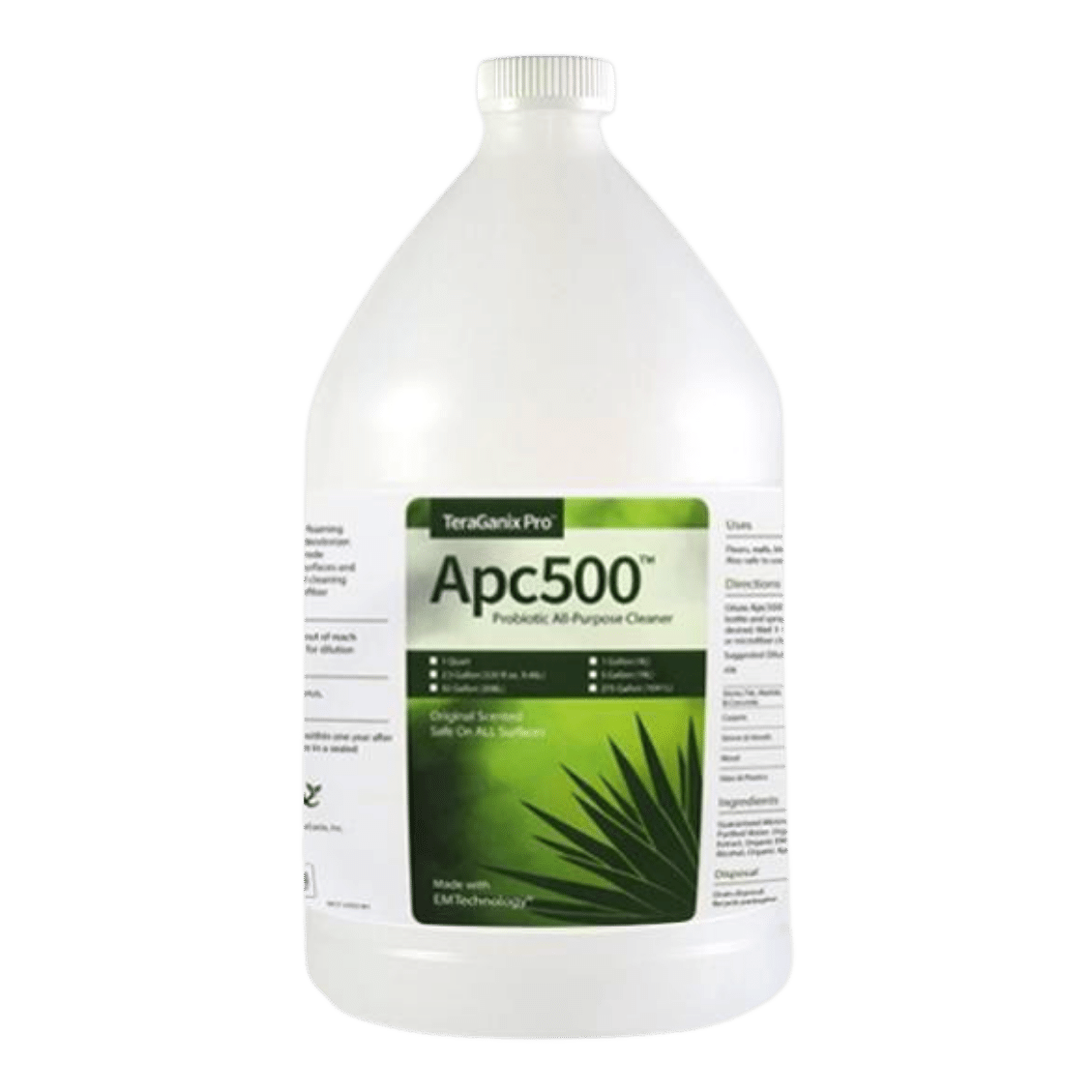 A large white plastic gallon jug labeled TeraGanix APC500 Nontoxic All-purpose Cleaning Product, with green accents and a leafy graphic, highlights this USDA certified organic multipurpose cleaner.