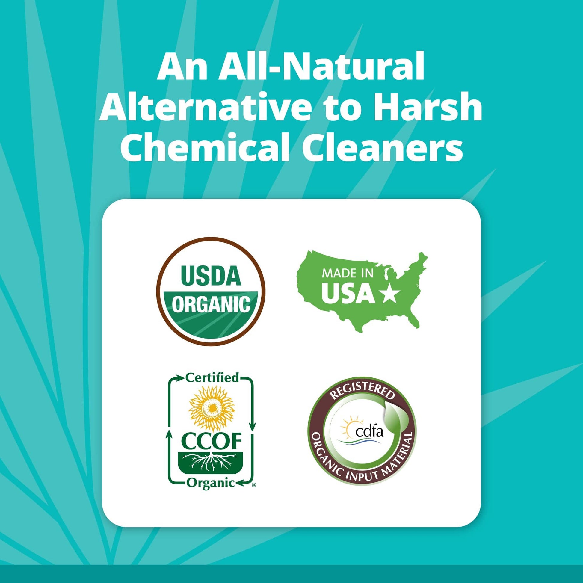 A graphic reads “An All-Natural Alternative to Harsh Chemical Cleaners” above four certification logos, featuring TeraGanix APC500, a USDA certified organic, nontoxic all-purpose cleaner for safe and effective cleaning.